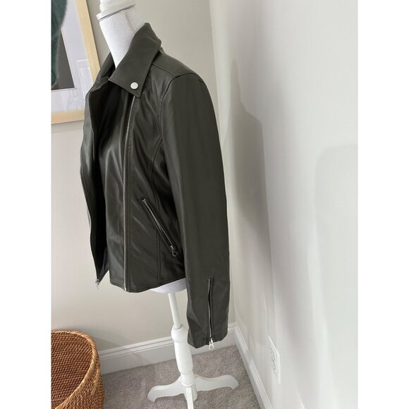 French Connection Womens Olive Green Faux Leather Moto Biker Jacket Size S - Picture 9 of 16